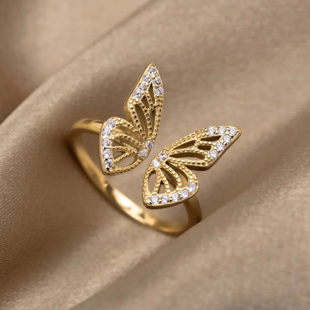 Dazzling Gold Adjustable Butterfly Ring with Sparkling Zircons - Velten