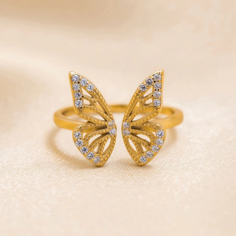 Dazzling Gold Adjustable Butterfly Ring with Sparkling Zircons - Velten