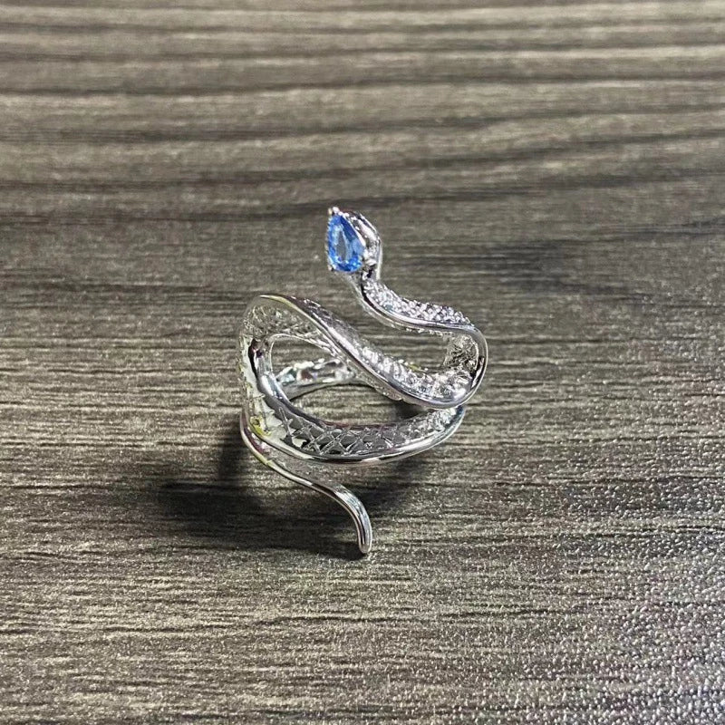 Silver Cobra Adjustable Ring with Dazzling Blue Topaz - Elin