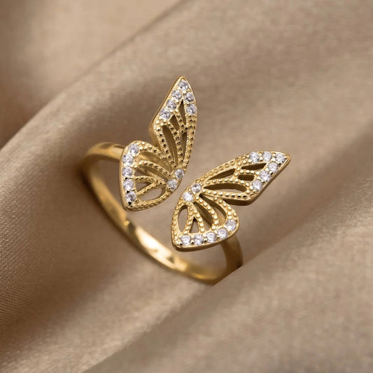 Dazzling Gold Adjustable Butterfly Ring with Sparkling Zircons - Velten