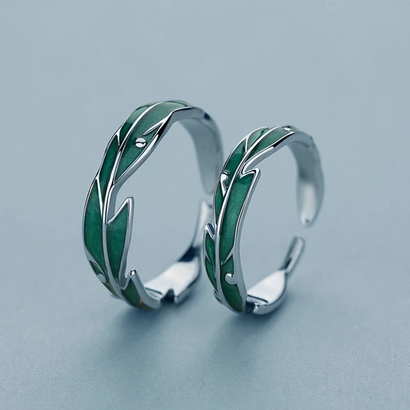 Dazzling Adjustable Silver Ring with Artistic Green Leaves - Hallum