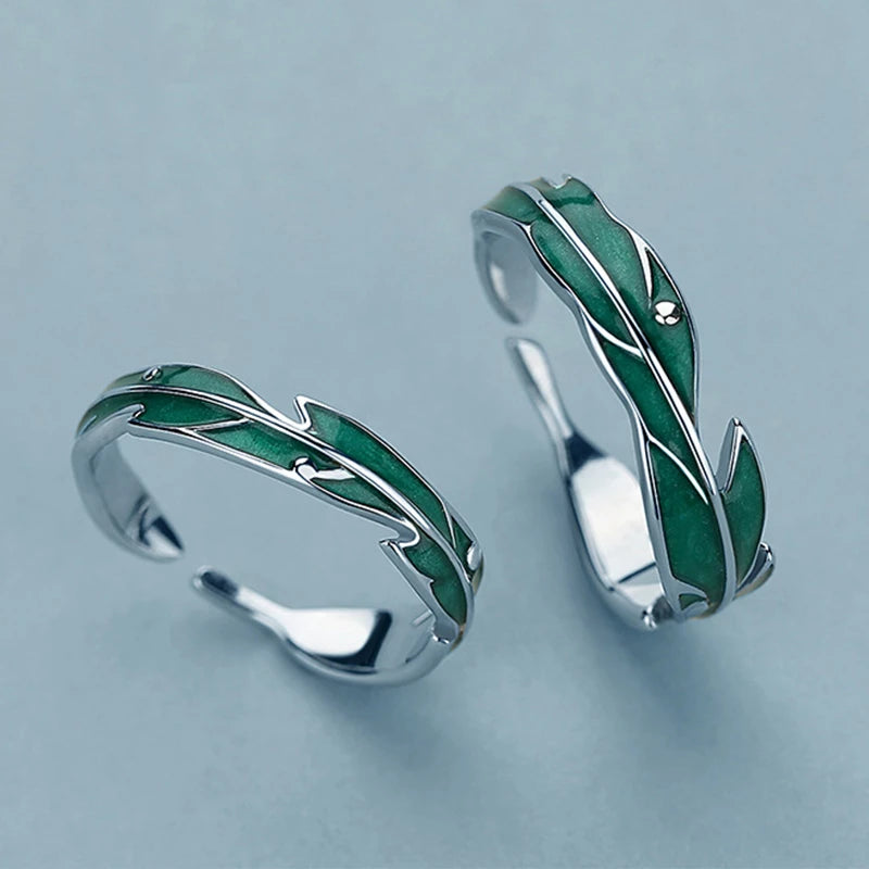 Dazzling Adjustable Silver Ring with Artistic Green Leaves - Hallum