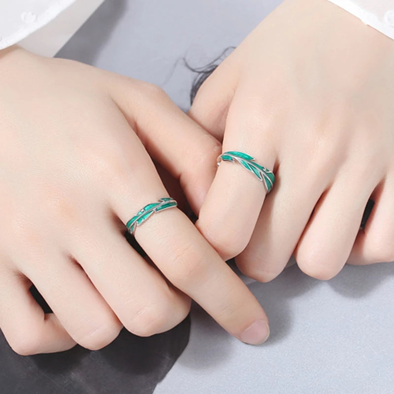 Dazzling Adjustable Silver Ring with Artistic Green Leaves - Hallum