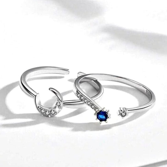 Adjustable Ring in Dazzling Silver with Moon and Elegant Blue Crystal -Tone