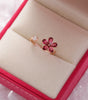 Adjustable Gold Ring with Dazzling Red Crystal Flower - Henning