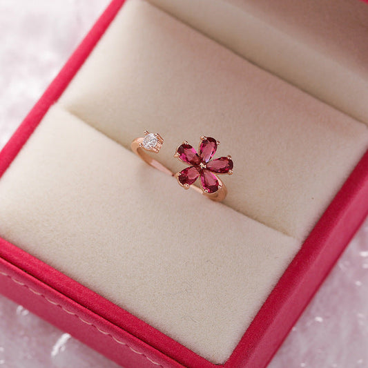 Adjustable Gold Ring with Dazzling Red Crystal Flower - Henning