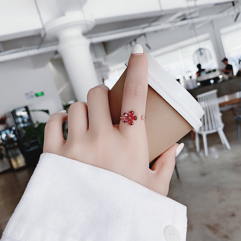 Adjustable Gold Ring with Dazzling Red Crystal Flower - Henning