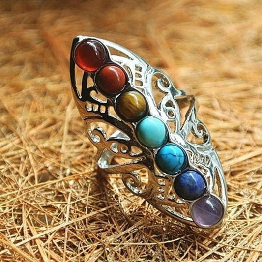 Adjustable Silver Boho Ring with Stones - Tina