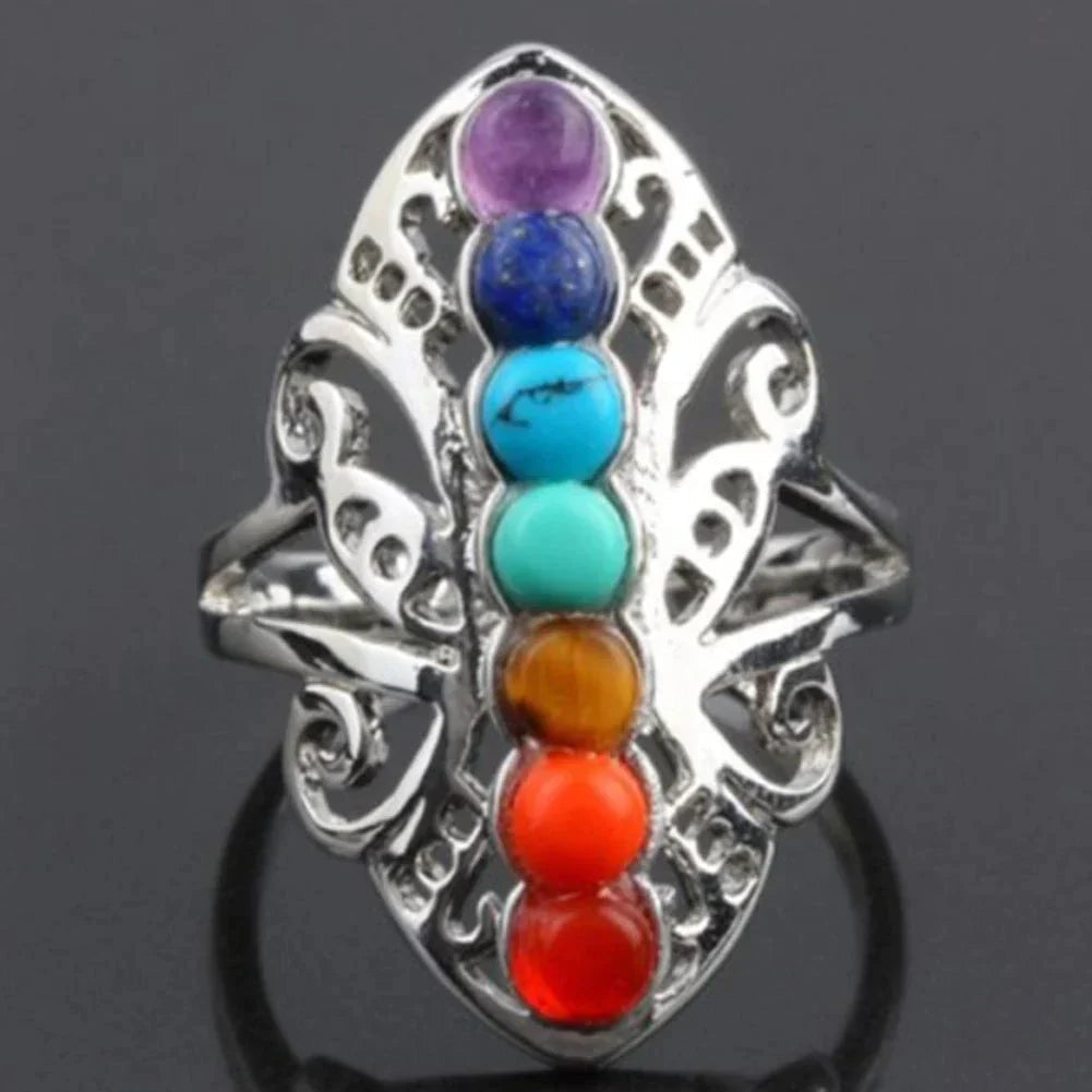 Adjustable Silver Boho Ring with Stones - Tina