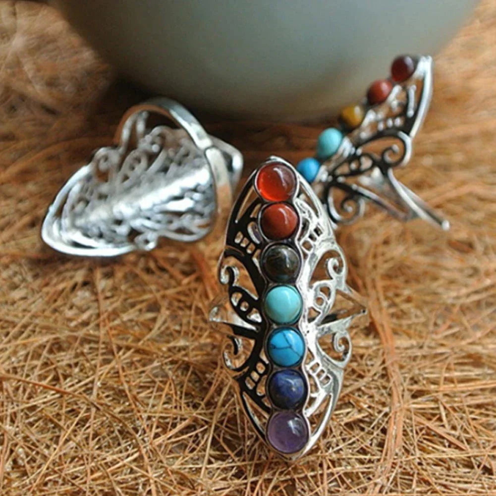 Adjustable Silver Boho Ring with Stones - Tina