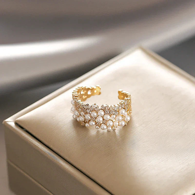 Adjustable Gold Ring in Sparkling Pearls - Taylor