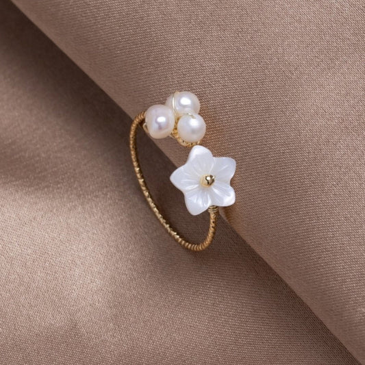 Dazzling White Petal Ring with Adjustable Gold Beads -  Hanna