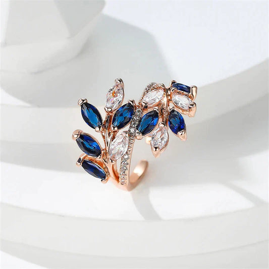 Elegant Adjustable Blue Crystal Ring with Leaf Design - Irisa