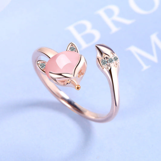 Adjustable Gold Ring with Elegant Pink Fox Design - Oda