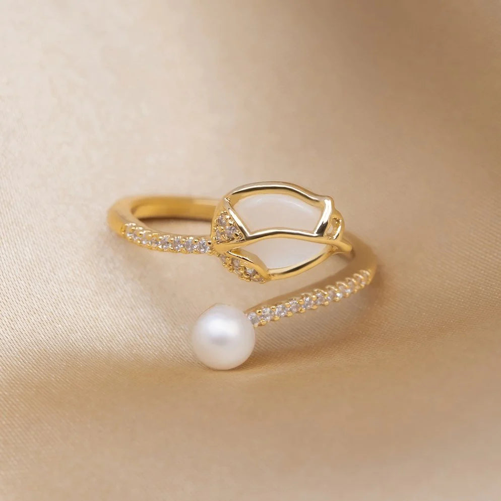 Adjustable Gold Tulip Ring with White Opal Sparkle and Sophisticated Pearl - Hage