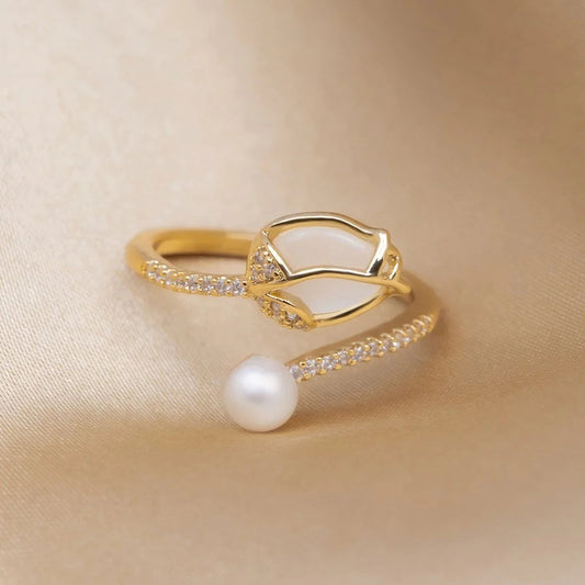Adjustable Gold Tulip Ring with White Opal Sparkle and Sophisticated Pearl - Hage