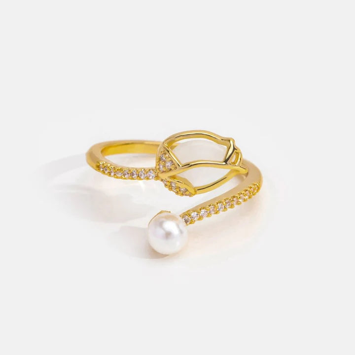 Adjustable Gold Tulip Ring with White Opal Sparkle and Sophisticated Pearl - Hage