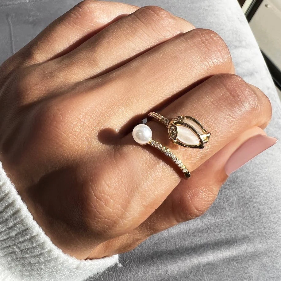 Adjustable Gold Tulip Ring with White Opal Sparkle and Sophisticated Pearl - Hage