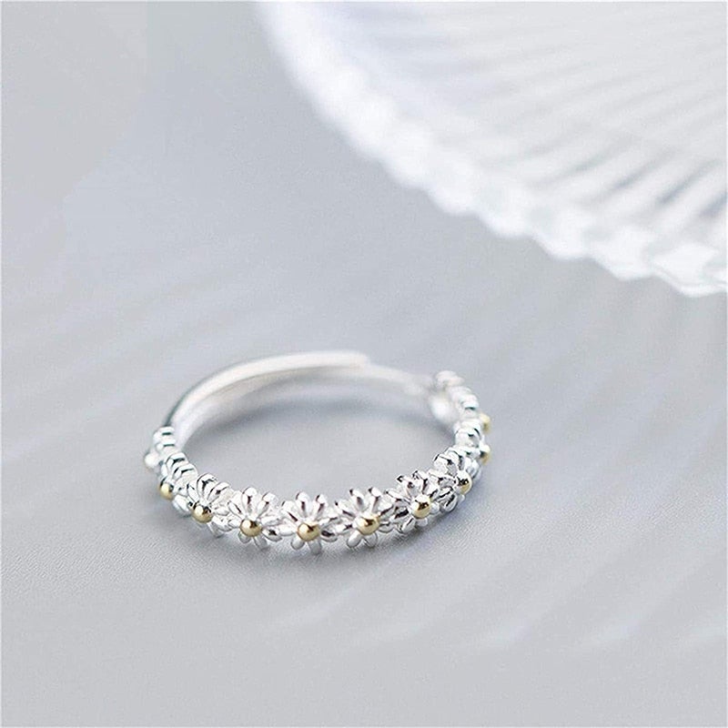 Adjustable 925 Sterling Silver Ring with Hand-Enamelled Daisies - Mary