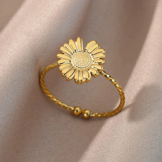 Adjustable Gold Ring with Dazzling Sunflower Design - Astri