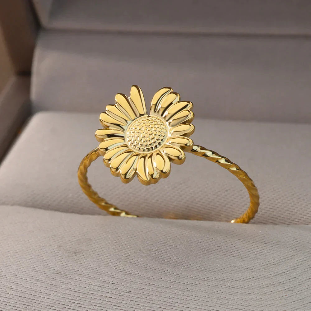 Adjustable Gold Ring with Dazzling Sunflower Design - Astri